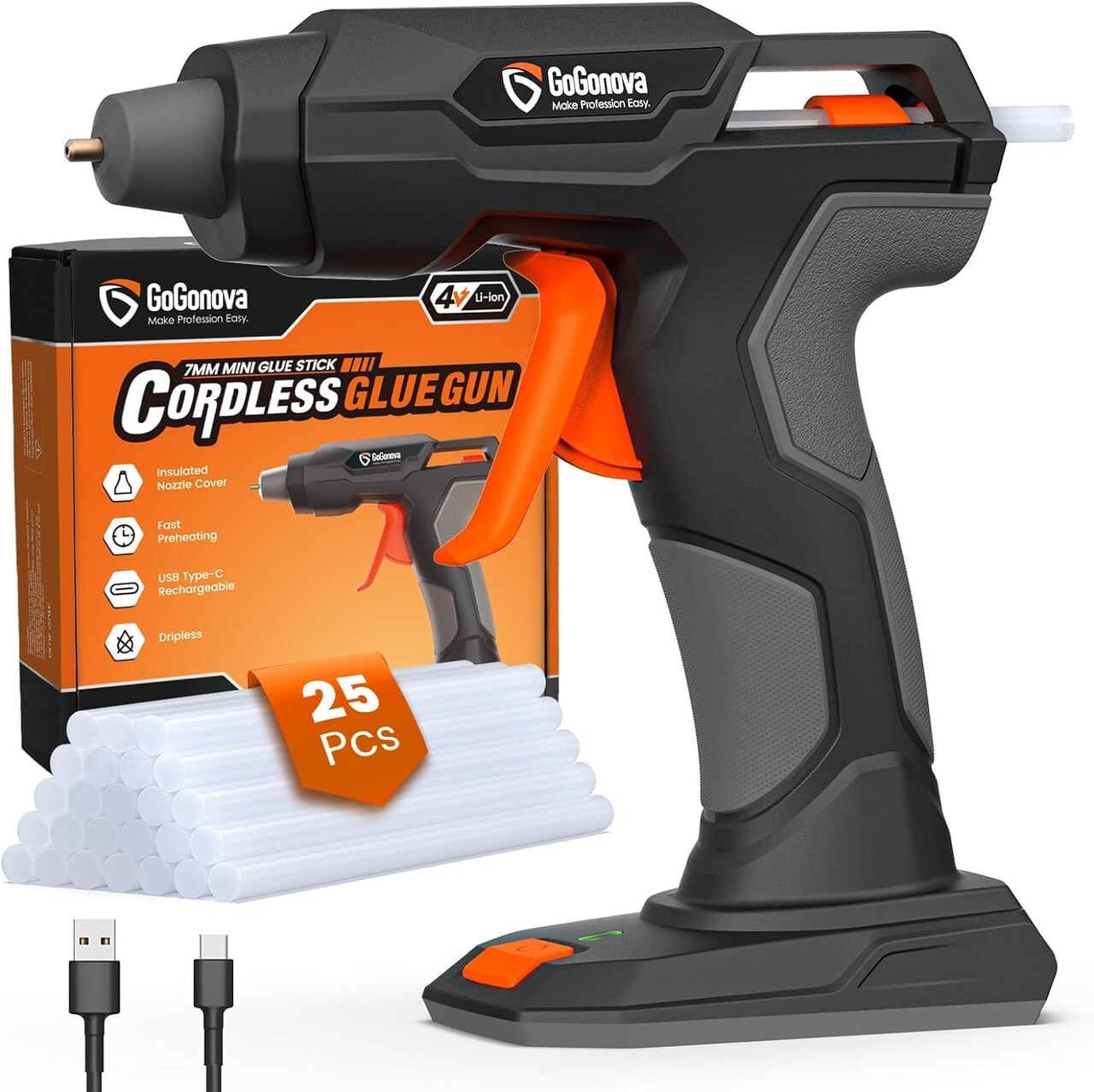 Glue Gun Zuel, 20s Fast Preheating Anti-drip Cordless Glue Gun, 2Ah USB-C Rechargeable Hot Glue Gun Kit with 25 Pcs Mini Glue Sticks, Smart Power-Off (Gray-25)